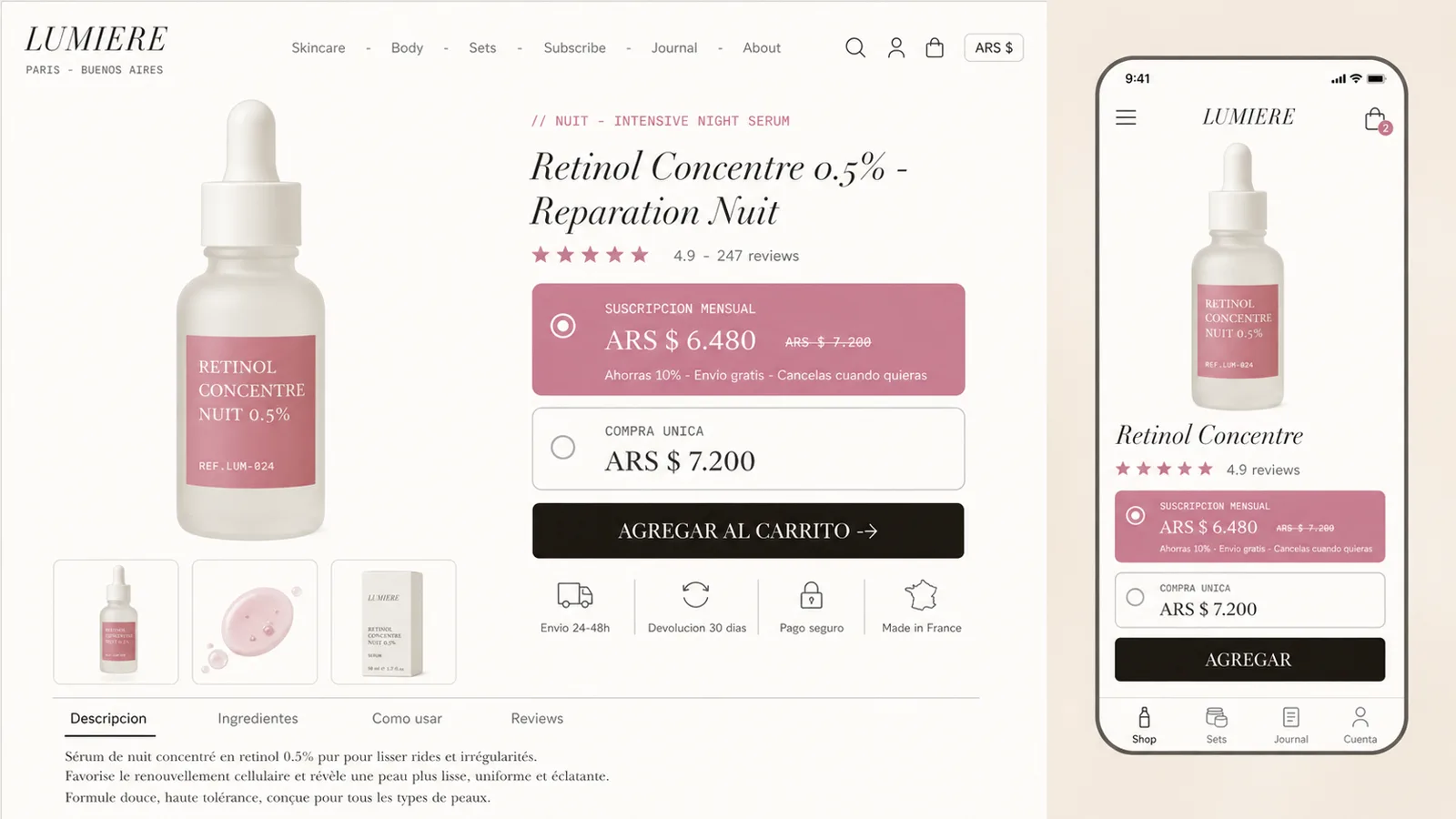 Tienda Shopify Plus skincare D2C premium